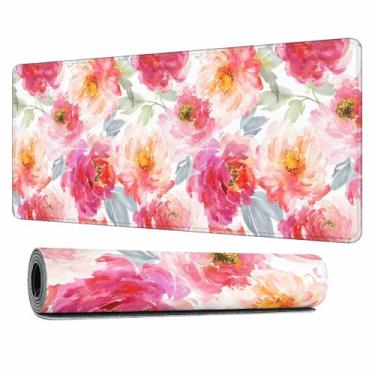Imagem de Y YIHANGBEST Mouse pad peônias aquarela para mesa flor rosa com folhas azuis grande mousepad para jogos, para casa, escritório, computador, tapete de teclado 35,4 x 15,17 cm