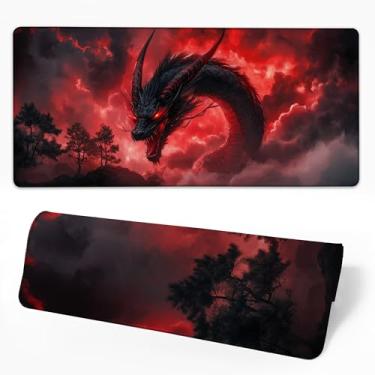 Imagem de Tapete de mesa dragão vermelho preto almofada de mesa para teclado e mouse, mouse pad grande grande para jogos de jogos, com bordas costuradas para jogos de trabalho, 90 x 40 cm