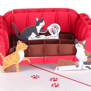 Imagem de iGifts And Cards Cartão pop-up 3D Cozy Cats on the Couch - 15 x 20 cm Adorável saudação temática de gato com envelope, ideal para aniversários, donos de animais de estimação, aniversários e todos os