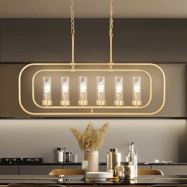 Imagem de Wvsrbyr Lustres Modernos Para Sala De Jantar, Luminária Sala, Lustre Linear Dourado Com 6 Luzes, Estilo Fazenda, Industrial, Retangular, Pendente, Ilha, Cozinha, Cúpula Vidro Transparente 36"