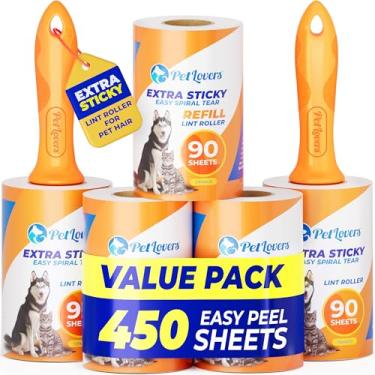 Imagem de PetLovers Conjunto de rolo de fiapos extra pegajoso com 450 folhas para remoção de pelos e roupas de animais de estimação, removedor de fiapos para cães e gatos, pacote com 5, laranja