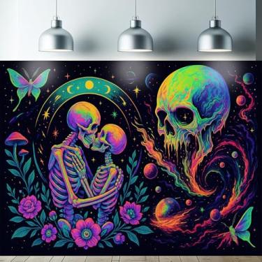Imagem de Starlit Patio Tapeçaria de parede psicodélica reativa UV para pendurar na parede dos amantes de esqueleto, planeta e flores para quarto, dormitório, sala de estar, galáxia brilhante, decoração