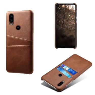 Imagem de Capas Compatível com MOTO One Vision,tampa protetora de couro falso,design de saco de cartão com 2 fendas de cartão atrás,proteção anti-impressão digital e anti-gota-Brown