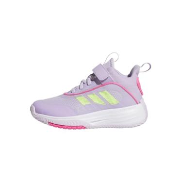 Imagem de adidas Tênis de basquete unissex Child Own The Game 3.0 cano médio elástico de renda e alça, Lavanda gelada/limão lúcido/ameixa em pó, 10.5 Little Kid