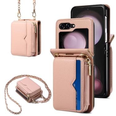 Imagem de Bolsa crossbody capa de telefone de couro moderna para Samsung Galaxy Z Flip 6 5 4 3 Flip5 Flip4 Flip3 5G capa de cartão carteira com cordão longo, rosa, para Samsung Z Flip3