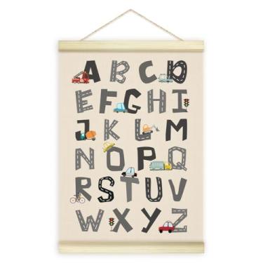 Imagem de Utaqer Moldura de pôster de alfabeto educacional, gráfico ABC, impressão de arte em tela de madeira, decoração de parede para sala de aula, quarto, sala de estar, escritório, quarto infantil, 30,5 x