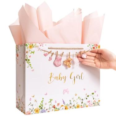 Imagem de Crisky Saco grande de presente de chá de bebê de 33 cm com papel de seda, cartão de presente e laço para festas de aniversário de crianças (flores silvestres e roupas fofas pequenas)