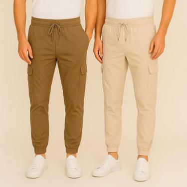 Imagem de Kit 2 Calça Jogger Cargo Masculina com Elástico Sarja e Bolso Lateral 
