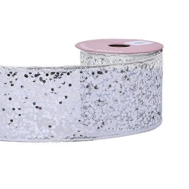 Imagem de YAMA Fita prata para embrulho de presente 6,8 cm 10 metros com glitter diamante borda fita para arcos de árvore de Natal, fazer grinaldas, decoração de casa, artesanato faça você mesmo