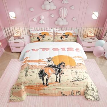 Imagem de Erosebridal Jogo de cama King com estampa de caubói ocidental, cavalo do oeste selvagem, para meninas, crianças, mulheres, conjunto de cama vintage, cacto do sol, decoração de quarto retrô rústico