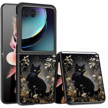 Imagem de Capa para Samsung Galaxy z Flip 7 Gato Preto com Design Floral Dourado, Slim Fit Leve Híbrido Rígido PC PU Couro Capa Dobrável para Z Flip 7 17.5 cm