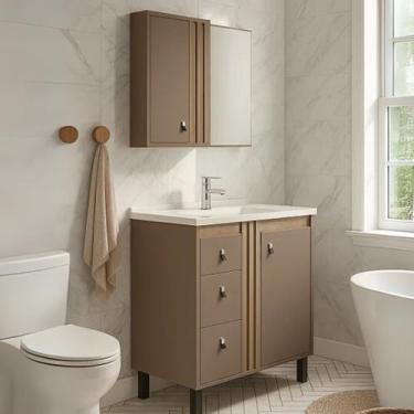 Imagem de Conjunto Gabinete de Banheiro 3 Gavetas C/ Espelheira e Cuba - Rainha 