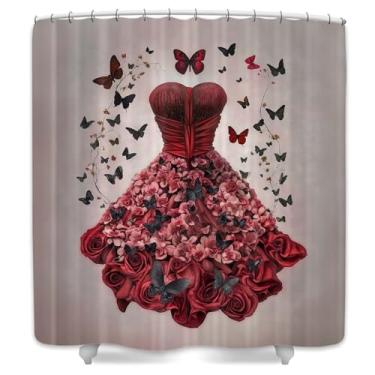 Imagem de Cortina de chuveiro moderna, saia preta vermelha rosa borboleta cortinas de banheiro, tecido moderno bonito à prova d'água decoração de banho com ganchos, cortina de chuveiro do dia dos namorados, 169