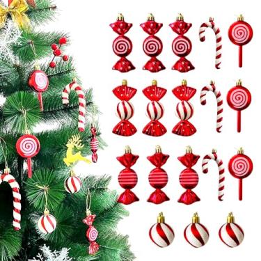 Imagem de 18 peças de enfeites de Natal de Candyland vermelho e branco – decorações de bengala doce e pirulito com 25 cartões de Natal para árvore de Natal e decoração de casa