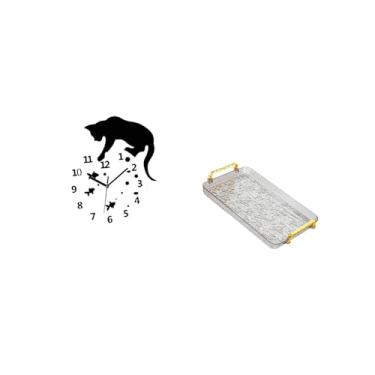 Imagem de Fenteer Relógio de Gato Silencioso Pendurado E Prato de Sobremesa, Bandeja de Mesa de Centro com Alça para Sala de Estar, Sala de Jantar, Casa, Quarto, Escola
