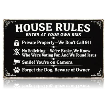 Imagem de Placa de metal 4 em 1 House Rules - combina sem solicitação, propriedade privada, na câmera e cuidado com placas de cachorro, placa de aviso engraçada para quintal, jardim, porta da frente, 18 x 30 cm