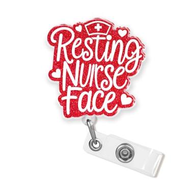 Imagem de Carretel de crachá de rosto de enfermeira em repouso 5 cm engraçado enfermeira CNA RN NICU flebotomia estudante de enfermagem pediátrica farmácia médica técnica cirúrgica retrátil com clipe jacaré