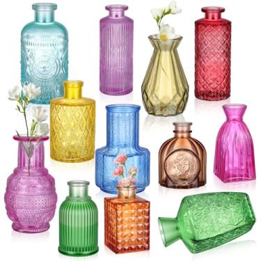 Imagem de Kifmurase Conjunto de 12 vasos de vidro colorido, pequenos vasos vintage para flores, mini copos de cristal a granel, vaso floral com nervuras esculpidas para centro de mesa, decoração de casamento