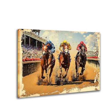 Imagem de CANLUNTE Pintura digital arte de parede 3 cavaleiros a cavalo cena de corrida retrô tela de pintura a óleo pronta para pendurar arte de parede para espaços modernos (arte 3,8 cm x 81,3 cm sem moldura)