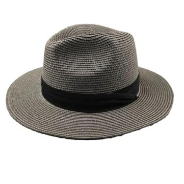 Imagem de Chapéu de palha masculino dobrável cabeça grande chapéu panamá verão chapéu de cowboy areia praia sol Fedora chapéus cinza 52 cm-54,5 cm