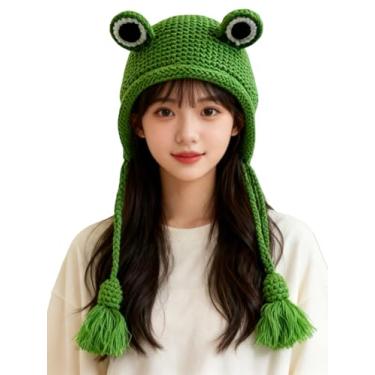 Imagem de Gorro feminino de crochê tricotado para inverno, chapéu fofo de desenho animado sapo de olhos grandes com aba de orelha, adereços para foto, Chapéu de sapo de olhos compridos para crianças, tamanho