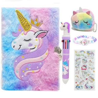Imagem de Diário de pelúcia Peifun Unicorn com fechadura e chaves para meninas d