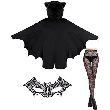 Imagem de Conjunto de fantasia de cosplay de Halloween com 3 peças, fantasia de morcego, máscara de morcego, meia estampada de aranha para mulheres uniformes de vampiro festa (3GG)