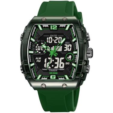 Imagem de Relógios masculinos modernos Tonneau Novidade Designer Elegante Relógio de Pulso com Alarme LED Dual Time 12/24H Calendário Colorido, Verde, Casual
