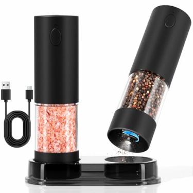 Imagem de Conjunto de moedor elétrico de sal e pimenta, moedores de pimenta automáticos e moedores de sal recarregáveis por USB com luz LED, grande capacidade de 100 ml, grossura ajustável, operação com uma mão