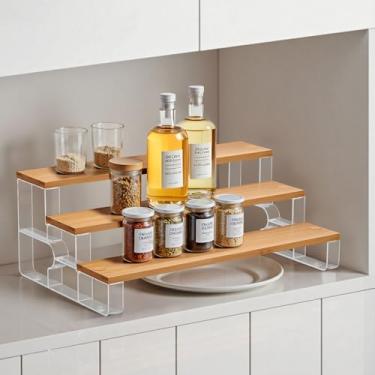 Imagem de junyuan Porta-temperos, organização de especiarias de 3 níveis para armário, prateleira de balcão de cozinha, organizador de prateleiras de exibição de bambu, transparente 28,4 cm