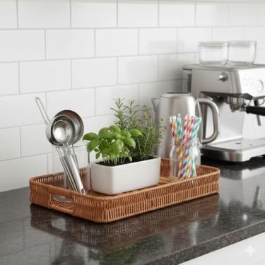 Imagem de Bandeja Organizadora Para Servir Tipo Vime Retangular para Café, Chá, Frios (Marrom)