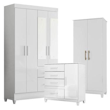 Imagem de Guarda Roupa Com Espelho Infantil Madri Com Cômoda Vênus Com Pés E Multiuso Jade Branco Brilho – Moval