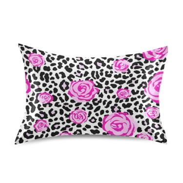 Imagem de Almofadas padrão King Queen com estampa de leopardo rosa rosas pretas fronhas de cetim para resfriamento de cabelo para cama de casa sofá king size 101,6 cm x 50,8 cm
