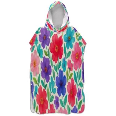 Imagem de Joisal Poncho de surf floral em aquarela roxo vermelho roupão para adultos trocador leve de praia para homens toalha de banho com capuz fofo