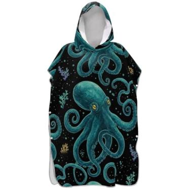 Imagem de Joisal Poncho de surfe preto azul verde polvo adulto trocador com capuz toalha de natação bonito reutilizável masculino feminino poncho com capuz
