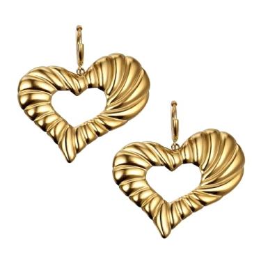 Imagem de Brincos de coração dourado e geométricos grossos para mulheres, brincos de gota, joias pendentes texturizadas retrô, acessórios leves da moda, Small, Metal, Sem pedra preciosa