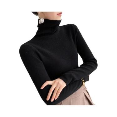 Imagem de Suéter Feminino Marrom De Gola Alta, Ajuste Slim, Casual, Pulôver Sóli