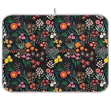 Imagem de Escorredor de pratos absorventes florais coloridos para bancada tamanho pequeno 40,6 x 45,7 cm, almofadas de secagem de louça de microfibra almofada de drenagem de balcão de cozinha