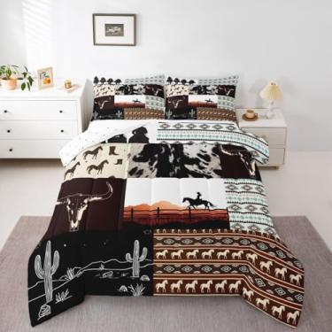 Imagem de Feelyou Conjunto de cama de caubói ocidental para adultos, macio, para meninos e meninas, velho oeste, rústico, sudoeste, tamanho queen, touro, crânio, cacto, edredom rústico, decoração de quarto de