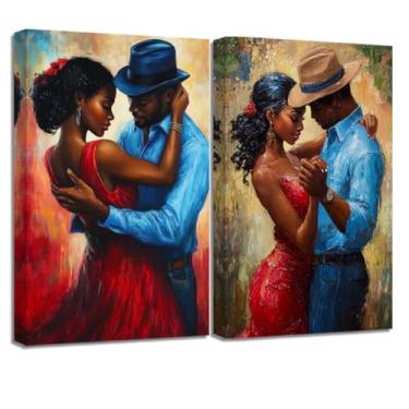 Imagem de QIXIANG Conjunto de arte de parede afro-americana 2 pinturas românticas pretas e vermelhas para casais quadro de amor preto para decoração de dia dos namorados emoldurado (28 cm x 14 x 2 peças)