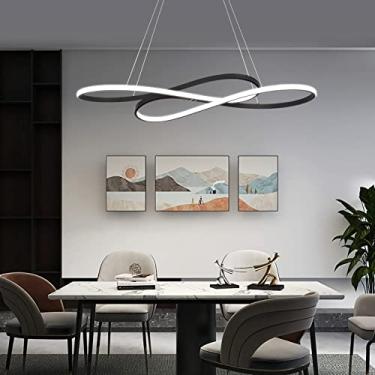 Imagem de Luminária pendente preta, simples e moderna, com intensidade regulável e altura ajustável. Lustre de LED em formato de anel, ideal para tetos de salas de jantar e ilhas de cozinha.