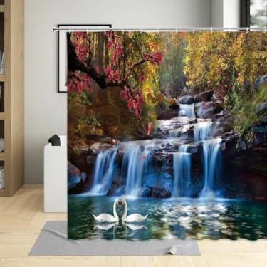 Imagem de Cortina de chuveiro paisagem natural primavera montanha córrego cachoeira decoração de banheiro cortinas de poliéster impermeável gancho 39x75in-100x190 cm/LxA cortina de chuveiro de tecido