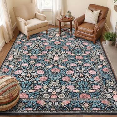 Imagem de GarveeHome Tapetes de área 12,5 x 17,8 cm, azul escuro, lavável para sala de estar, boho floral, pilha baixa, antiderrapante, resistente a manchas, vintage, para fazenda, quarto, cozinha