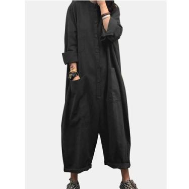 Imagem de Macacão Casual Oversized Feminino Para Outono, Romper Solto Com Bolsos