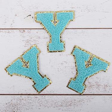 Imagem de Pacote com 3 adesivos de Chenille Iron On Glitter Varsity Letter 8 cm de altura "Y" - Tecido de chenille azul com acabamento em glitter dourado - Costurar ou passar a ferro - 8 cm AZUL Y