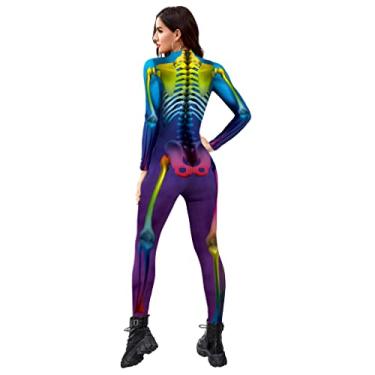 Imagem de Womens Halloween Costume Skeleton Print Bodysuit Scary Skull Print Long Sleeve Skinny Catsuit Jumpsuit Medium