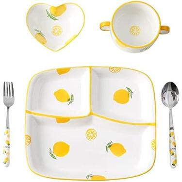Imagem de Prato Dividido/tigela De Sopa/colher/garfo Conjunto De Talheres Para Uso De Uma Pessoa Pratos Bariátricos Para Controle De Porções - 5 Unidades De Utensílios De Cozinha,padrão De Limão,Pleasant63