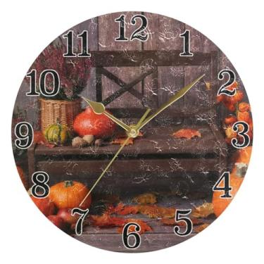 Imagem de KLL Relógio de parede redondo de Ação de Graças com abóbora, maçãs, laranja, marrom, operado por bateria, 25 cm, relógio de parede de 25 cm, pintado em acrílico, silencioso, sem tique-taque para casa,