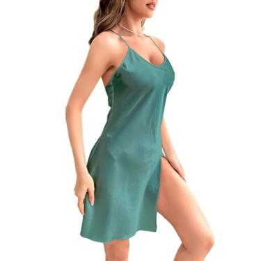 Imagem de PHEZEN Camisola feminina de seda dividida saia para dormir camisola camisola sem cadarço vestido de dormir curto, cinza verde P