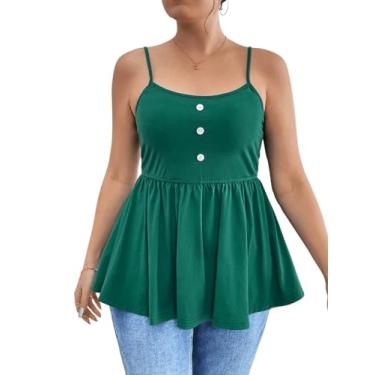 Imagem de MakeMeChic Camisa feminina plus size com botão frontal peplum cami top verão sem mangas, Verde, 3G Plus Size